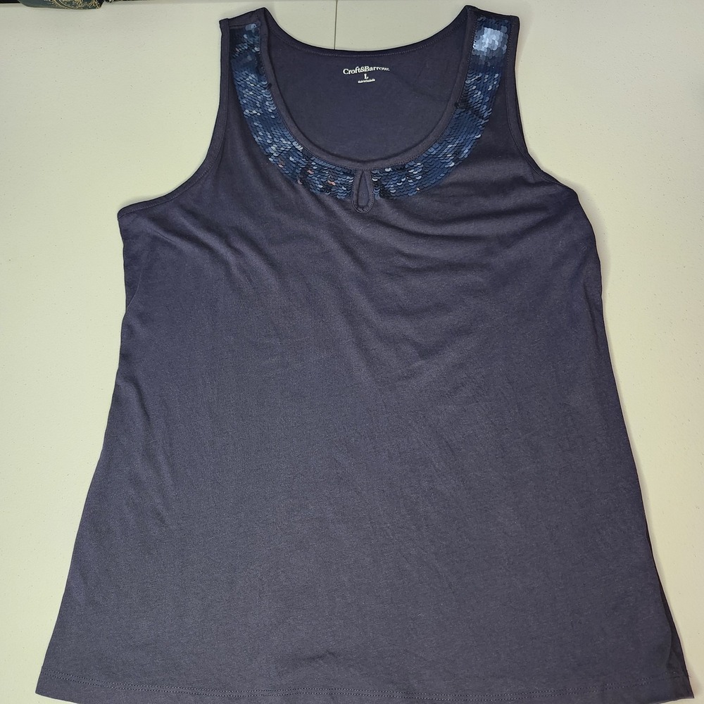 croft & barrow Navy Sequin Neck Tank, Women's Size L